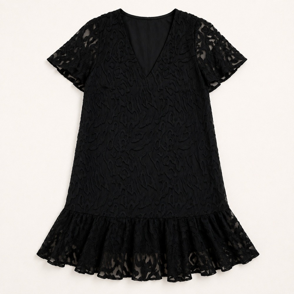 Anna Cate Black Textured Burnout VNeck Ruffle Hem Shift Dress Women XS LBD Chic